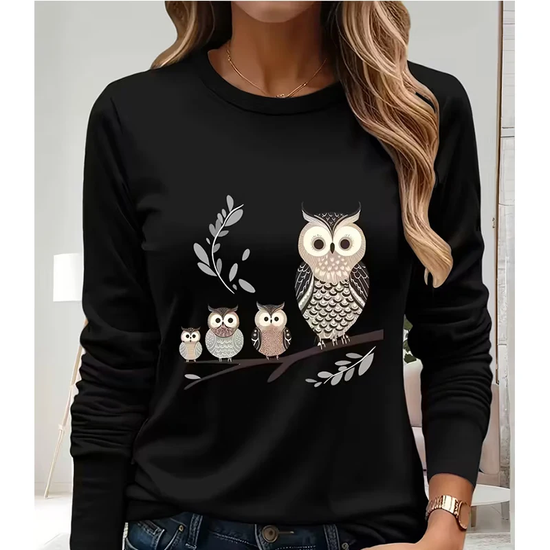 Tee Graphic Print - Baykuş Ailesi Baskılı, Rahat, Uzun Kollu