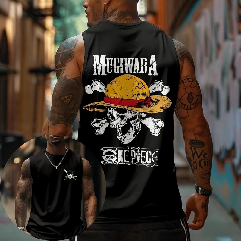 Tank Top Muscle - One Piece Mugiwara Hasır Şapkalı Kafatası