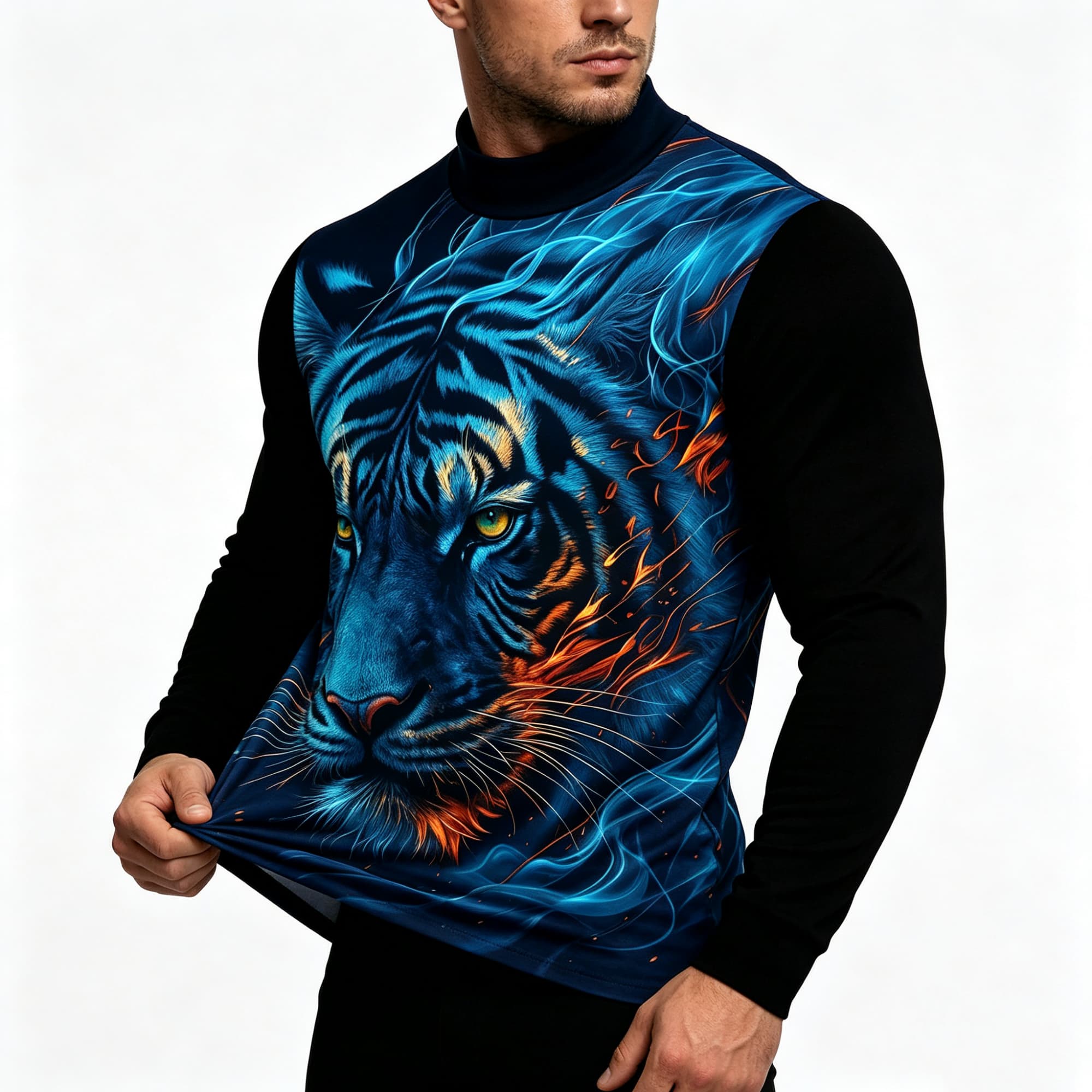 Neon Mavi Alevli Kaplan Hayvan - Tee Graphic Print incelemesi ve fiyatı